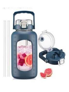 Bluego 84oz Glass Water Bottle Straw & Handle Sip & Chug Lid BPA-Free Silicone